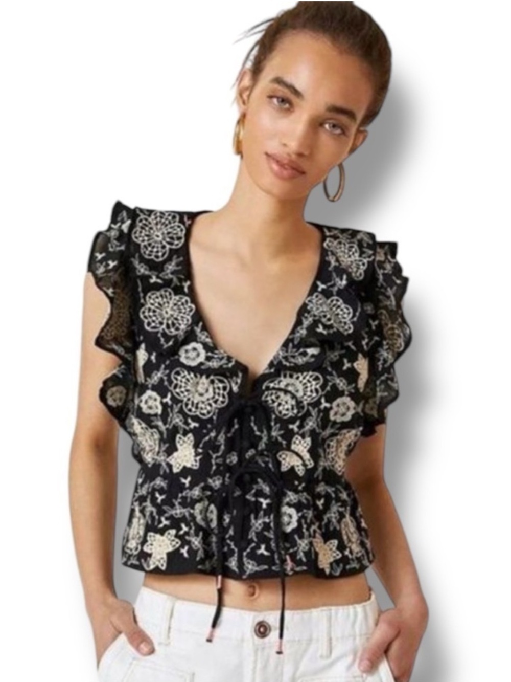 by Anthropologie Ruffle Embroidered Crop Top